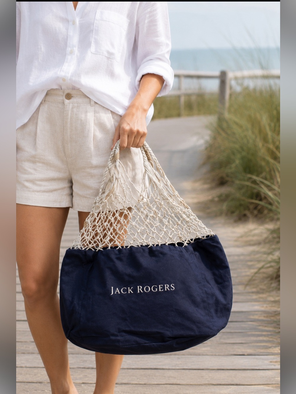 Jack Rogers Navy Cream Rope Net Tote Bag Nautical Beach Coastal Market